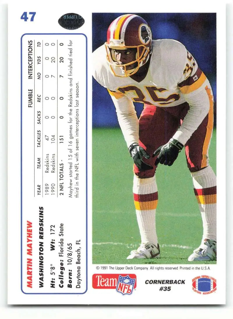 1991 Upper Deck #47 Martin Mayhew NM-MT Washington Redskins Football Card - Football Card Single