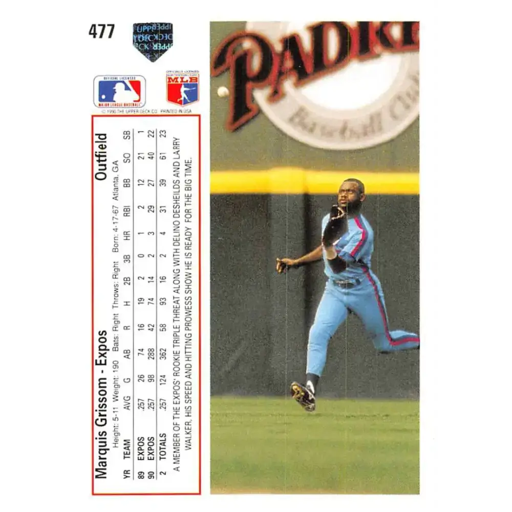 1991 Upper Deck #477 Marquis Grissom NM-MT Montreal Expos Baseball Card - Baseball Card Single