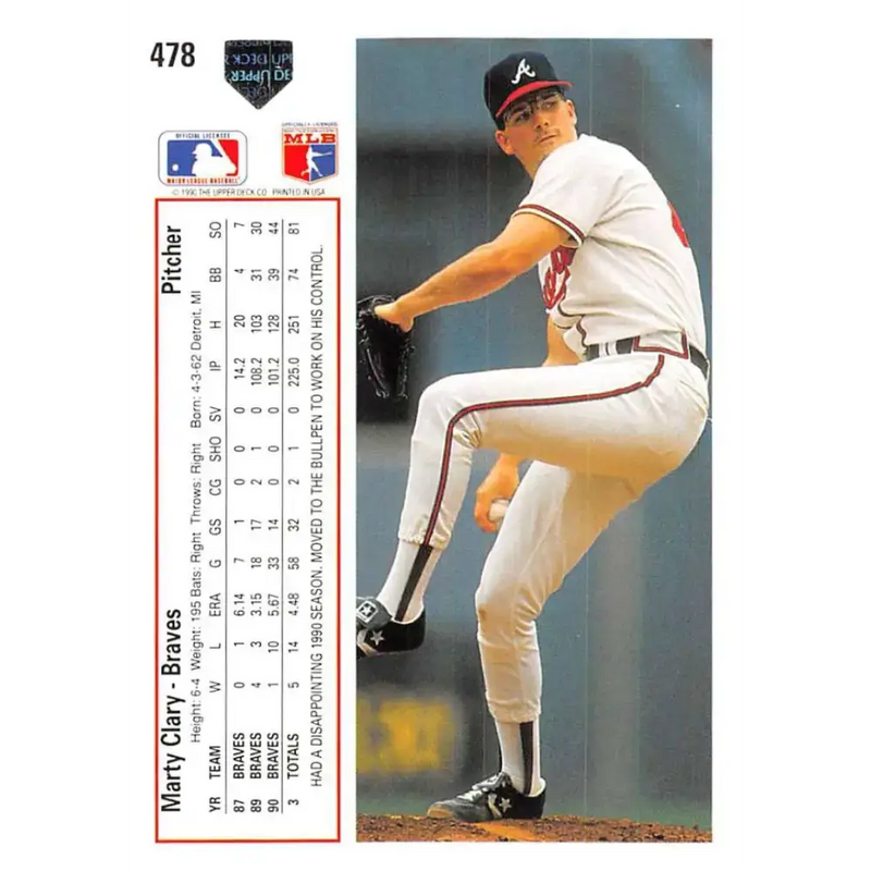 1991 Upper Deck #478 Marty Clary EX Excellent Atlanta Braves Baseball Card - Baseball Card Single