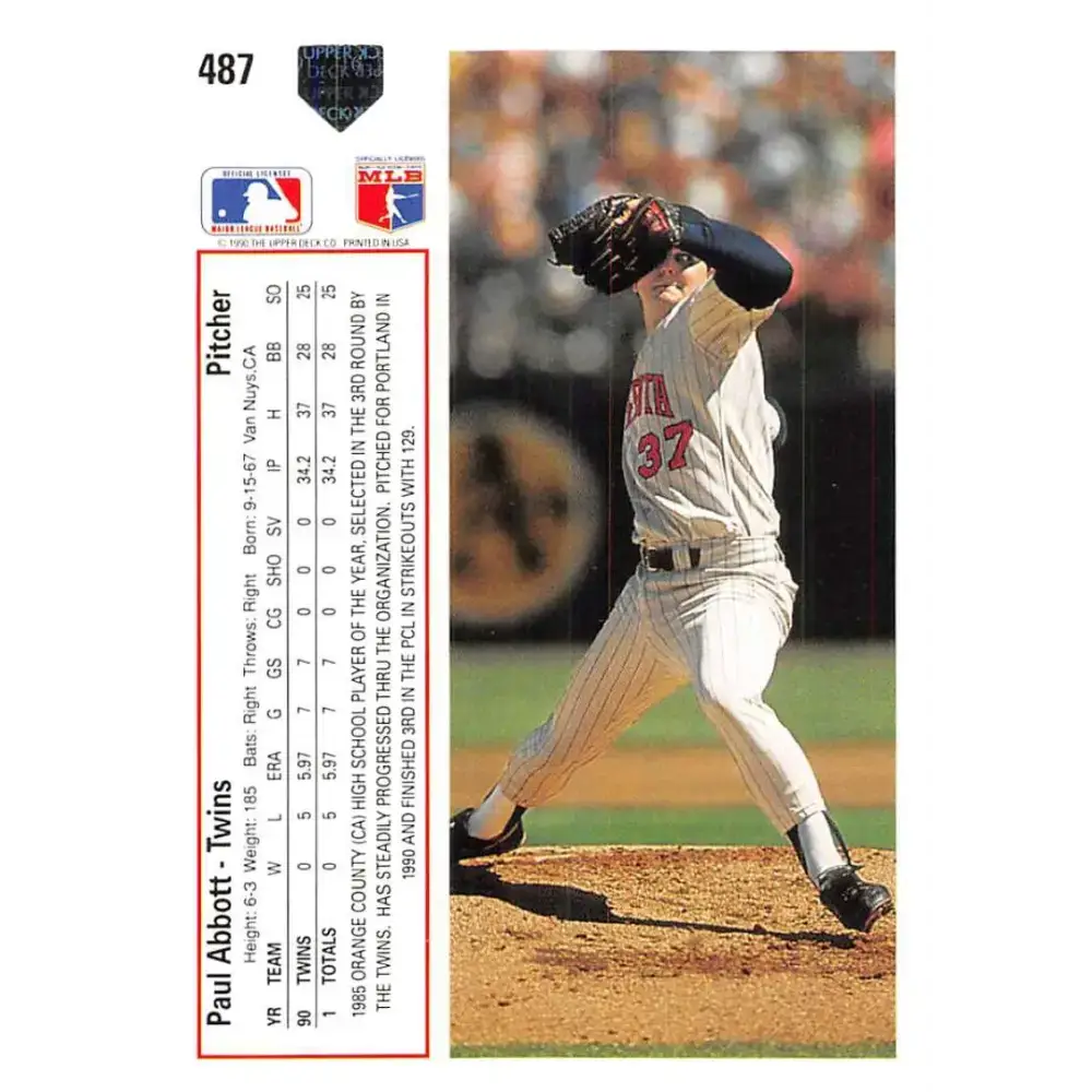 1991 Upper Deck #487 Paul Abbott NM-MT RC Rookie Minnesota Twins Baseball Card - Baseball Card Single