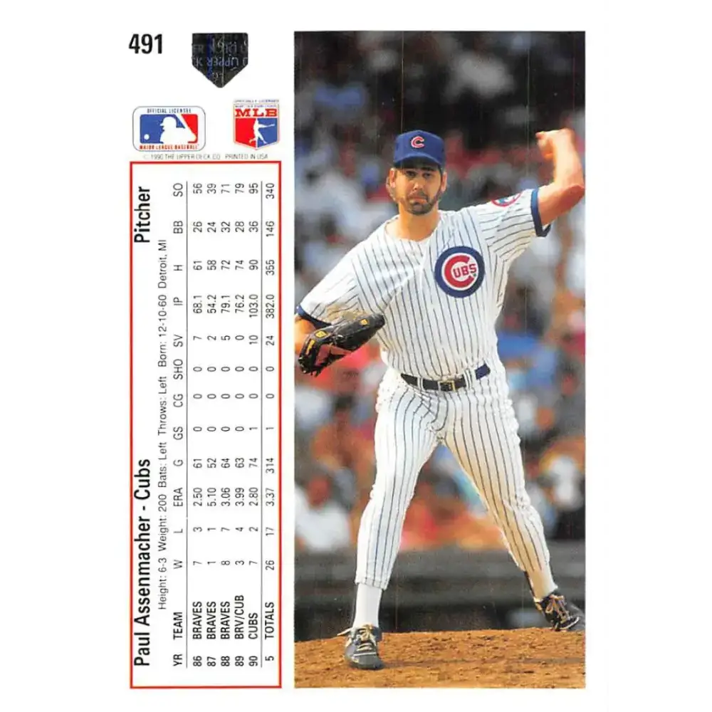 1991 Upper Deck #491 Paul Assenmacher EX Excellent Chicago Cubs Baseball Card - Baseball Card Single