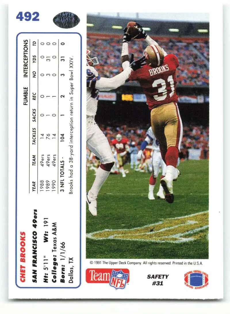 1991 Upper Deck #492 Chet Brooks NM-MT San Francisco 49ers Football Card - Football Card Single