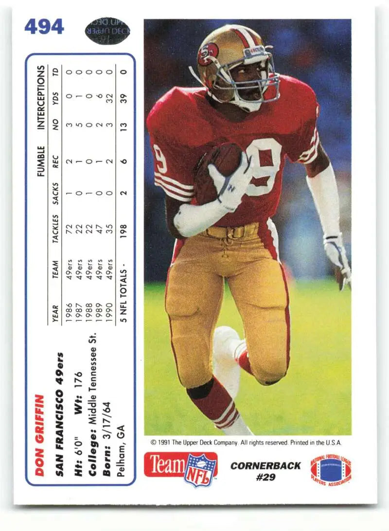1991 Upper Deck #494 Don Griffin NM-MT San Francisco 49ers Football Card - Football Card Single