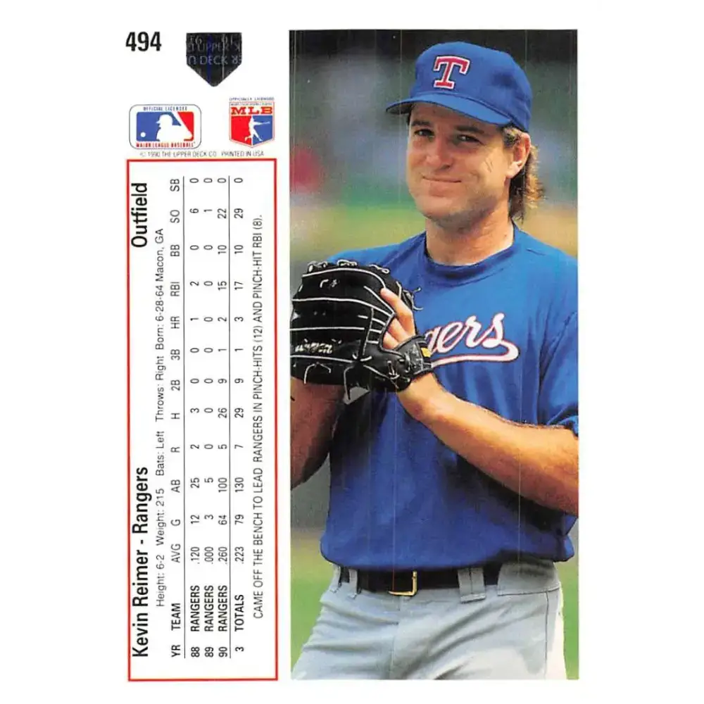 1991 Upper Deck #494 Kevin Reimer EX Excellent Texas Rangers Baseball Card - Baseball Card Single
