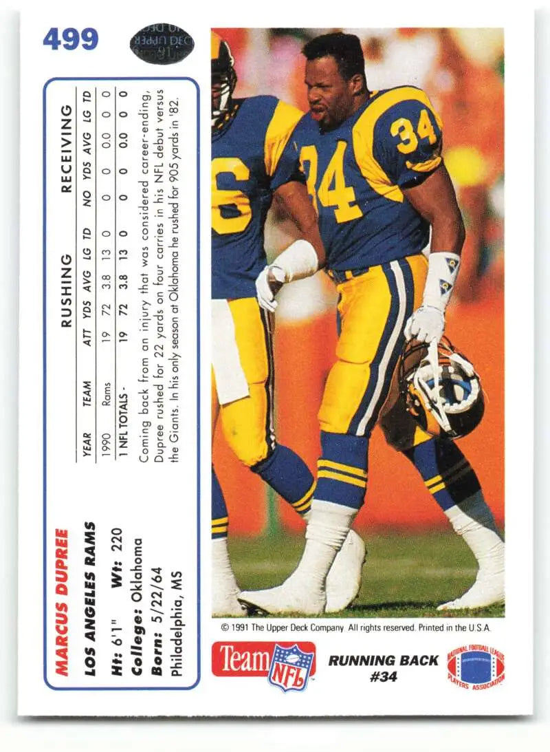 1991 Upper Deck #499 Marcus Dupree NM-MT Los Angeles Rams Football Card - Football Card Single