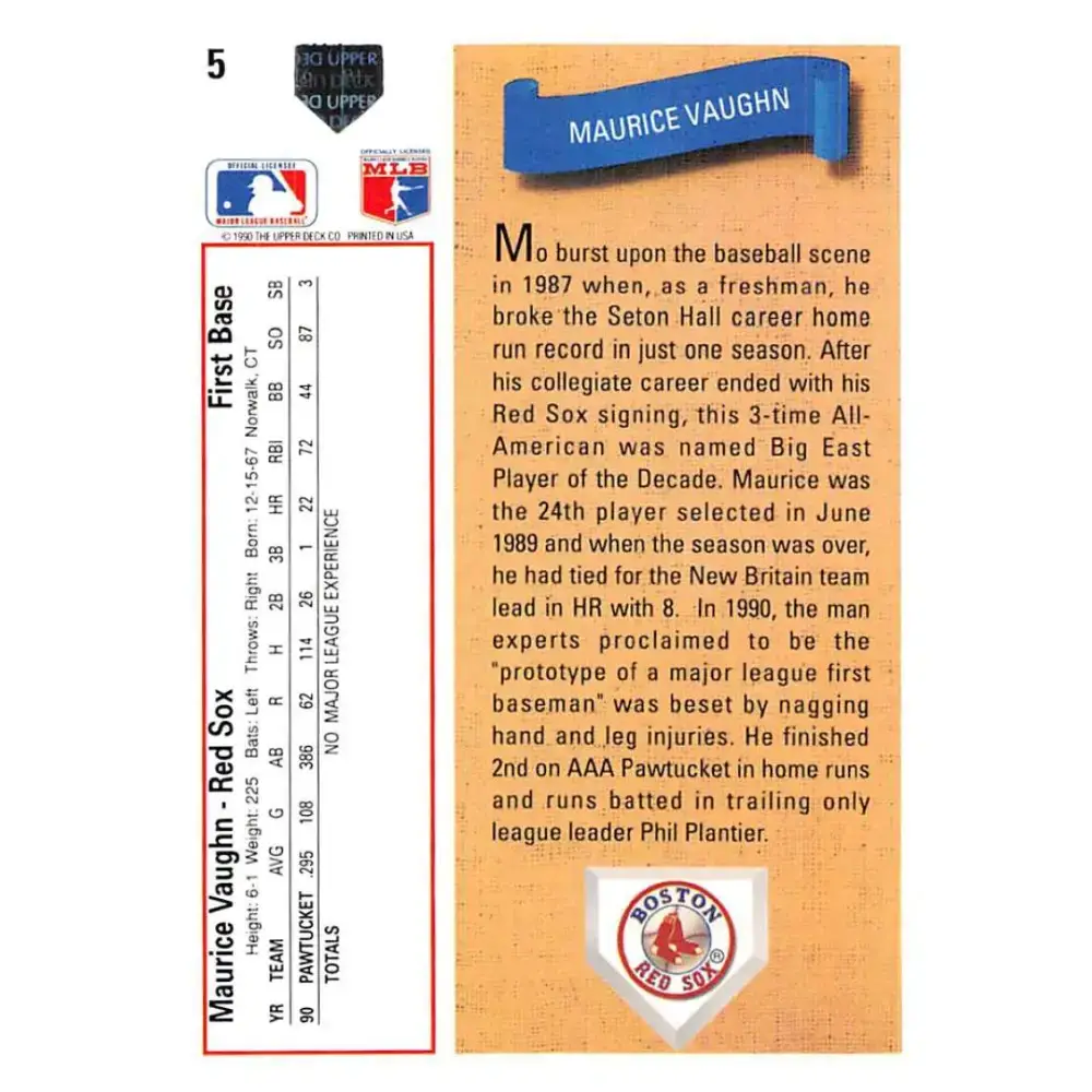 1991 Upper Deck #5 Mo Vaughn EX Excellent Boston Red Sox Baseball Card - Baseball Card Single