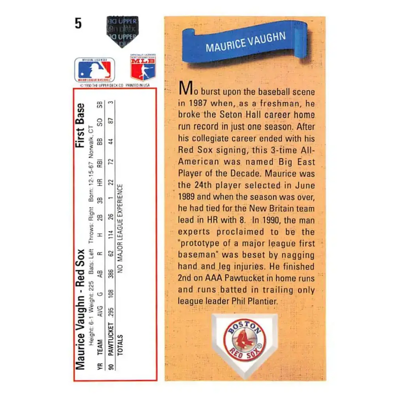 1991 Upper Deck #5 Mo Vaughn EX Excellent Boston Red Sox Baseball Card - Baseball Card Single