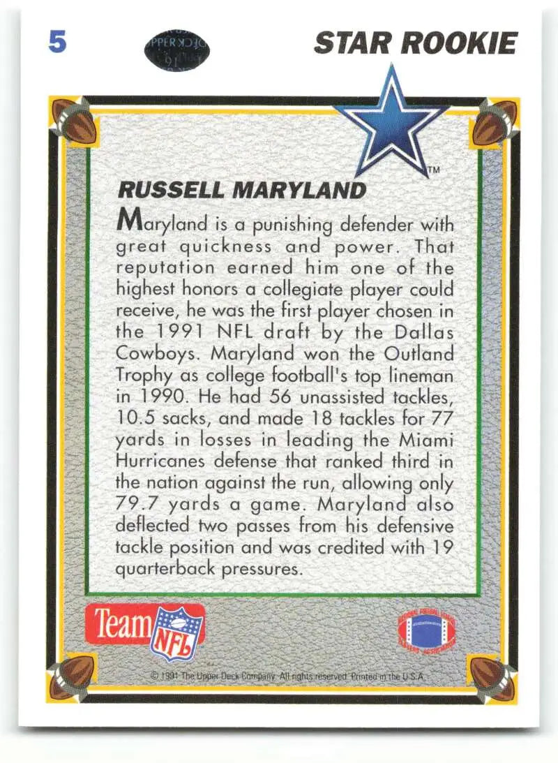 1991 Upper Deck #5 Russell Maryland NM-MT RC Rookie Dallas Cowboys Football Card - Football Card Single