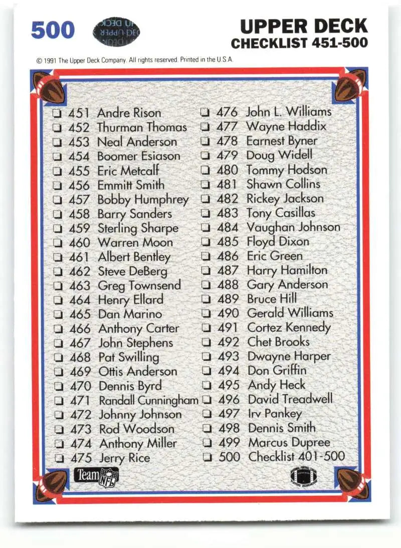 1991 Upper Deck #500 Checklist 401-500 NM-MT Football Card - Football Card Single