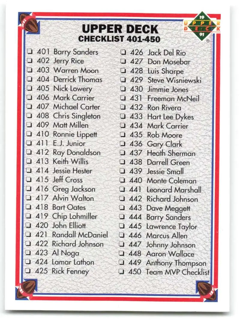 1991 Upper Deck #500 Checklist 401-500 NM-MT Football Card - Football Card Single