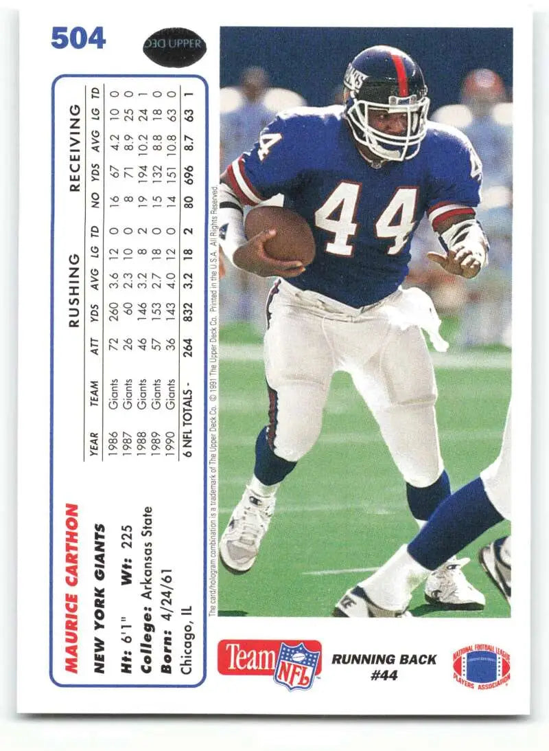 1991 Upper Deck #504 Maurice Carthon NM-MT New York Giants Football Card - Football Card Single