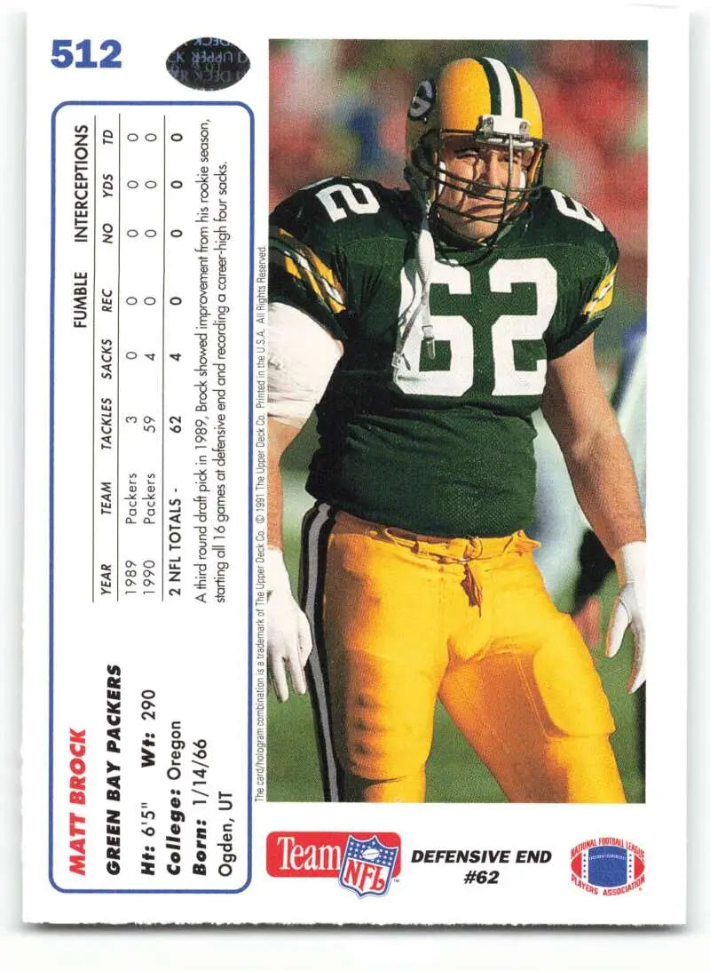 1991 Upper Deck #512 Matt Brock NM-MT RC Rookie Green Bay Packers Football Card - Football Card Single