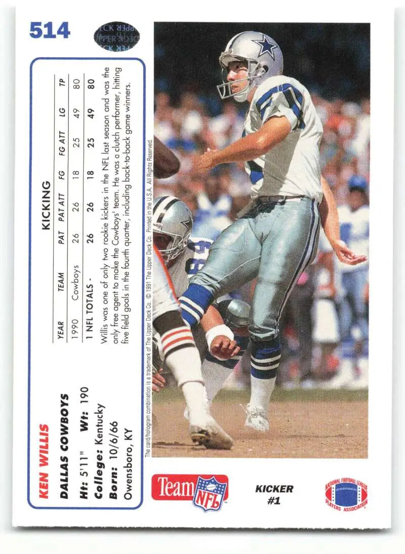 1991 Upper Deck #514 Ken Willis NM-MT Dallas Cowboys Football Card - Football Card Single