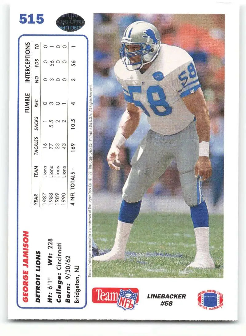 1991 Upper Deck #515 George Jamison NM-MT RC Rookie Detroit Lions Football Card - Football Card Single