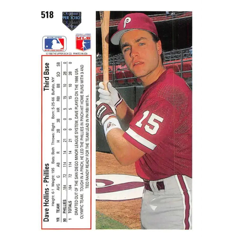 1991 Upper Deck #518 Dave Hollins EX Excellent Philadelphia Phillies Baseball Card - Baseball Card Single