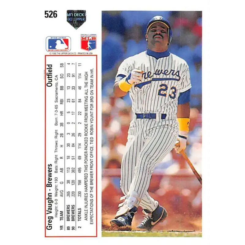 1991 Upper Deck #526 Greg Vaughn NM-MT Milwaukee Brewers Baseball Card - Baseball Card Single