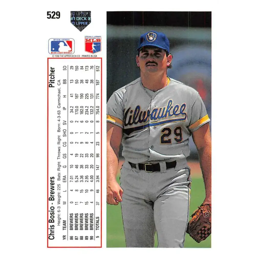 1991 Upper Deck #529 Chris Bosio NM-MT Milwaukee Brewers Baseball Card - Baseball Card Single