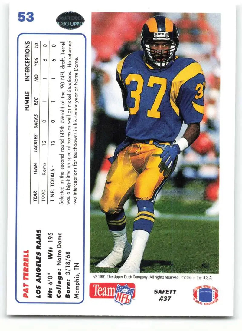 1991 Upper Deck #53 Pat Terrell NM-MT Los Angeles Rams Football Card - Football Card Single