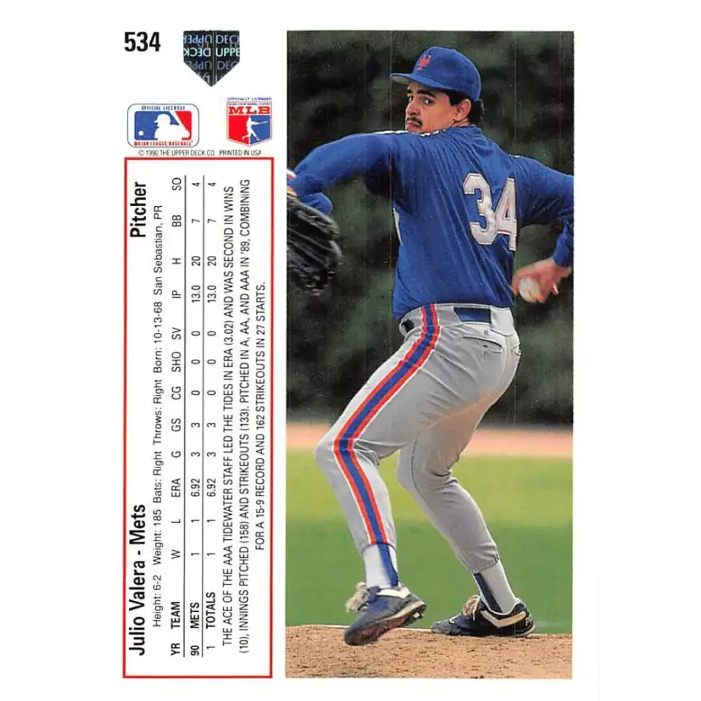 1991 Upper Deck #534 Julio Valera EX Excellent New York Mets Baseball Card - Baseball Card Single