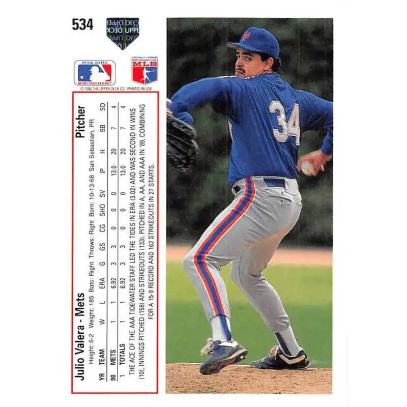 1991 Upper Deck #534 Julio Valera EX Excellent New York Mets Baseball Card - Baseball Card Single