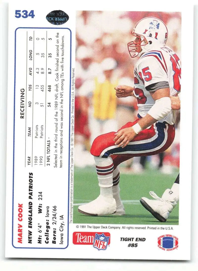 1991 Upper Deck #534 Marv Cook NM-MT New England Patriots Football Card - Football Card Single