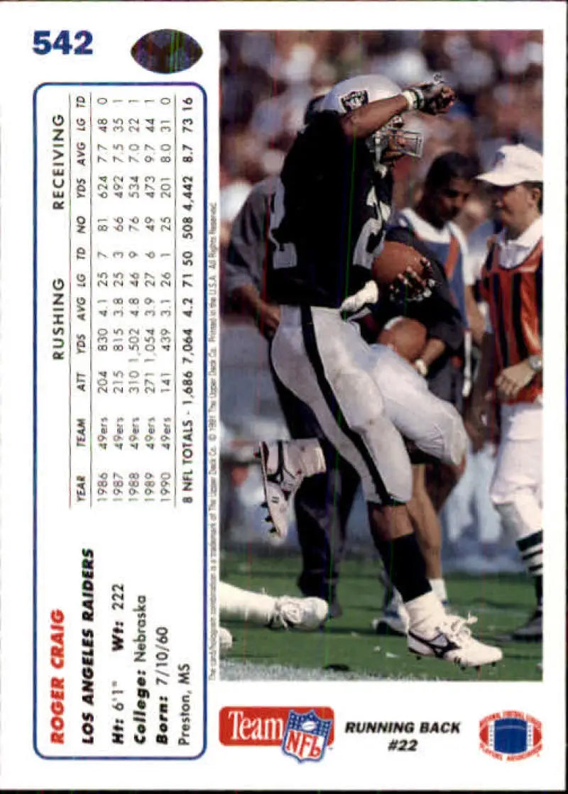 1991 Upper Deck #542 Roger Craig NM-MT Los Angeles Raiders Football Card - Football Card Single