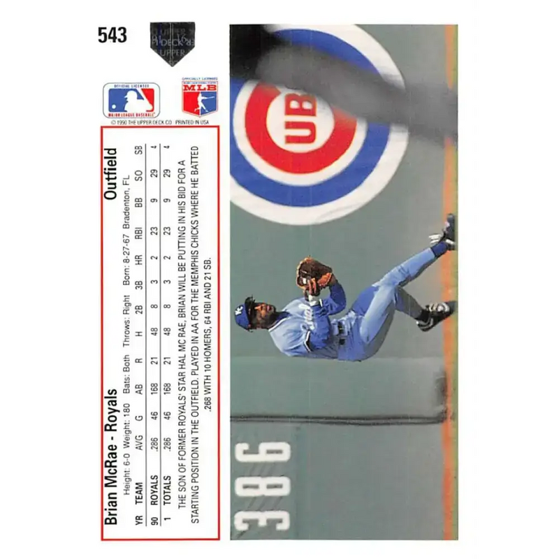 1991 Upper Deck #543 Brian McRae EX Excellent RC Rookie Kansas City Royals Baseball Card - Baseball Card Single