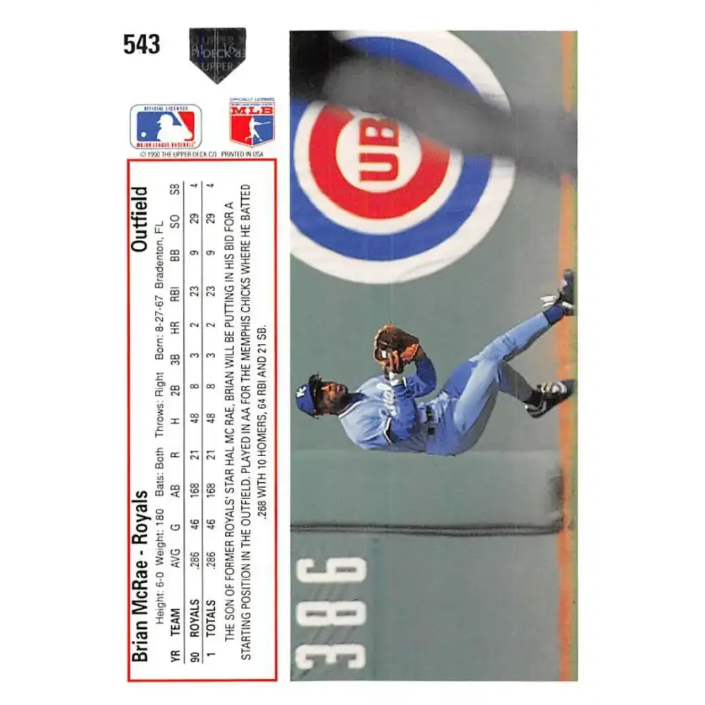 1991 Upper Deck #543 Brian McRae NM-MT RC Rookie Kansas City Royals Baseball Card - Baseball Card Single