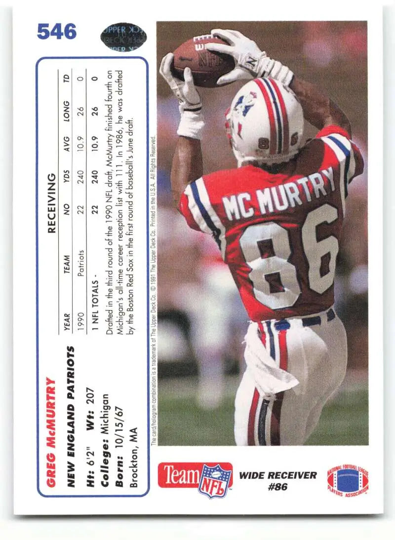 1991 Upper Deck #546 Greg McMurtry NM-MT New England Patriots Football Card - Football Card Single