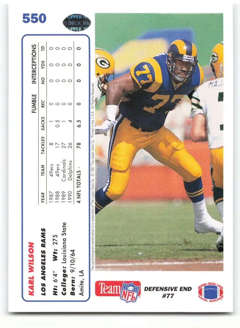 1991 Upper Deck #550 Karl Wilson NM-MT RC Rookie Los Angeles Rams Football Card - Football Card Single
