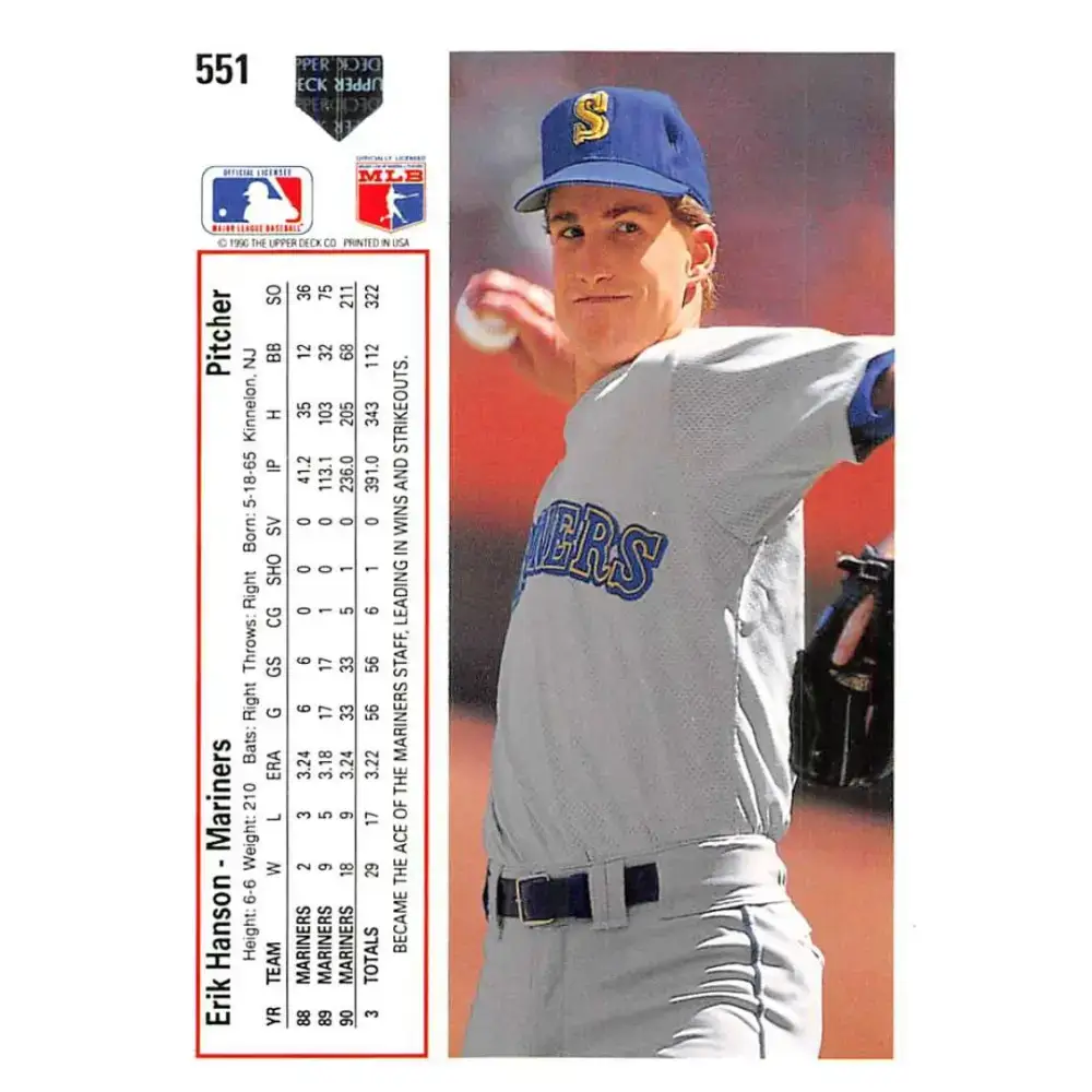 1991 Upper Deck #551 Erik Hanson EX Excellent Seattle Mariners Baseball Card - Baseball Card Single