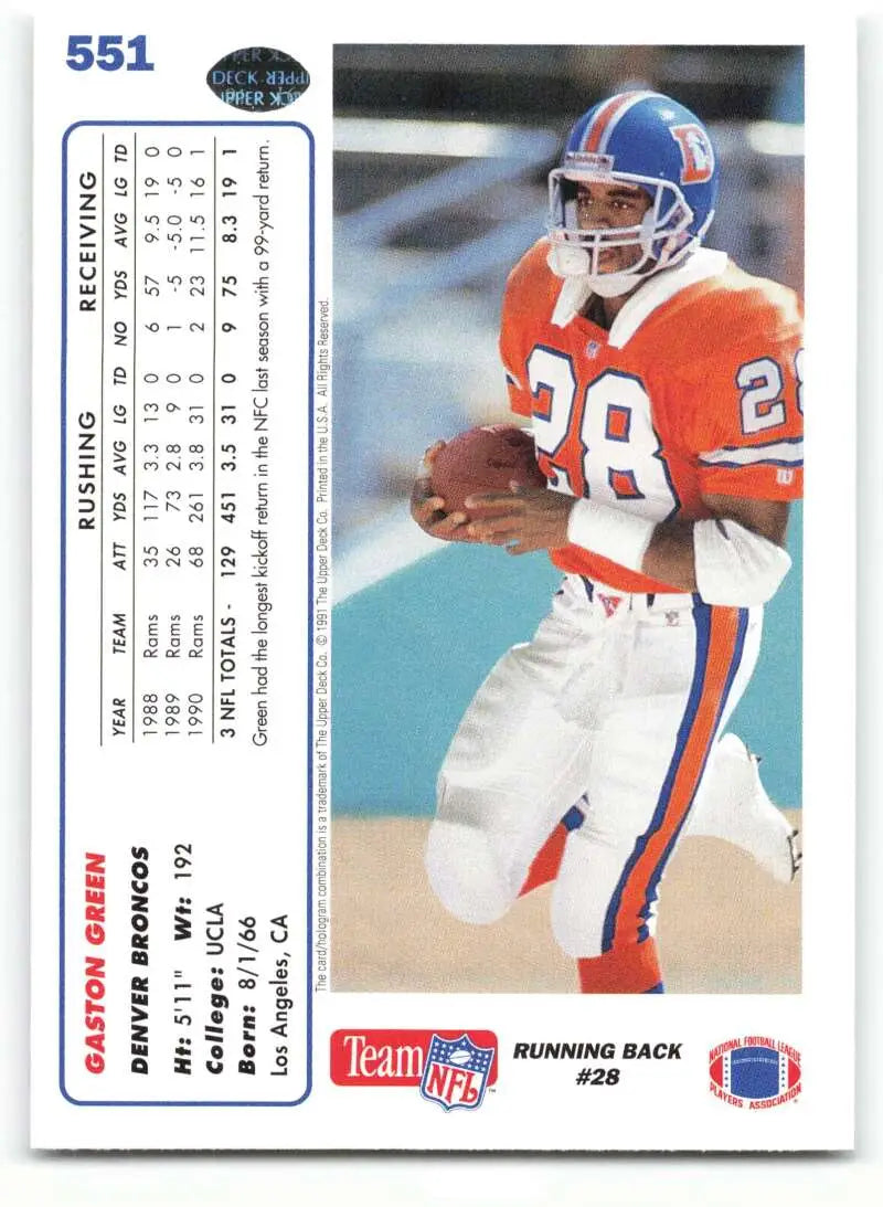 1991 Upper Deck #551 Gaston Green NM-MT Denver Broncos Football Card - Football Card Single