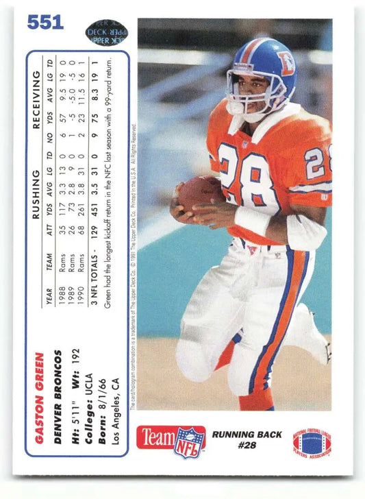 1991 Upper Deck #551 Gaston Green NM-MT Denver Broncos Football Card - Football Card Single