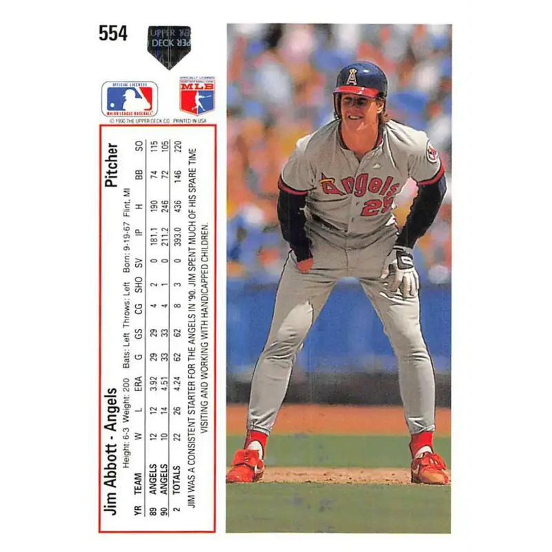 1991 Upper Deck #554 Jim Abbott EX Excellent California Angels Baseball Card - Baseball Card Single