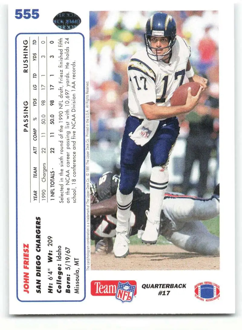 1991 Upper Deck #555 John Friesz NM-MT San Diego Chargers Football Card - Football Card Single