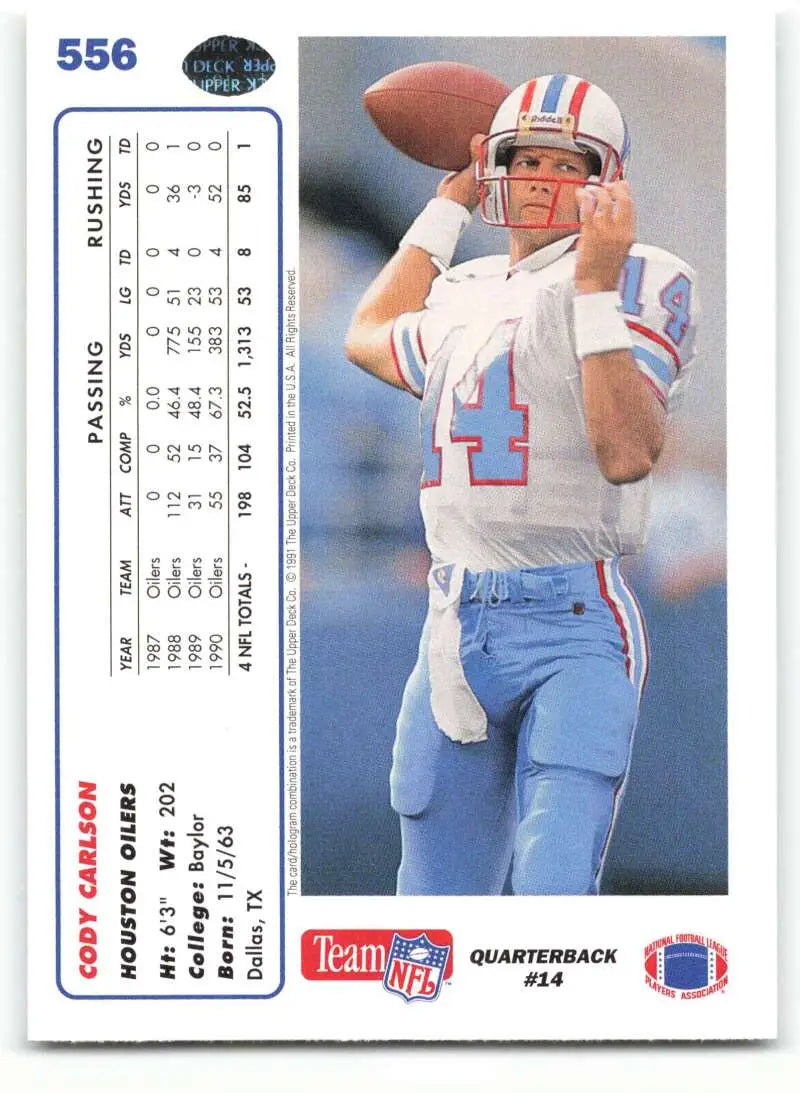 1991 Upper Deck #556 Cody Carlson NM-MT RC Rookie Houston Oilers Football Card - Football Card Single