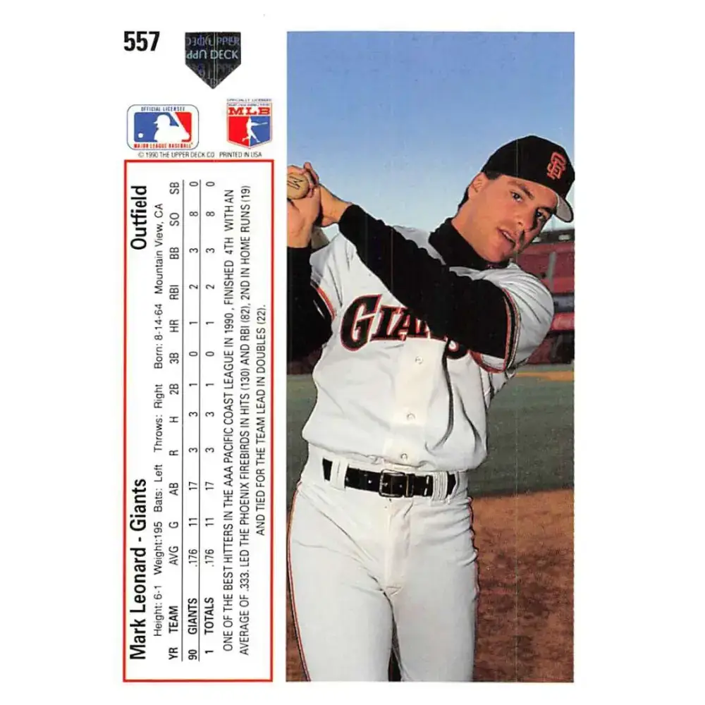 1991 Upper Deck #557 Mark Leonard NM-MT RC Rookie San Francisco Giants Baseball Card - Baseball Card Single