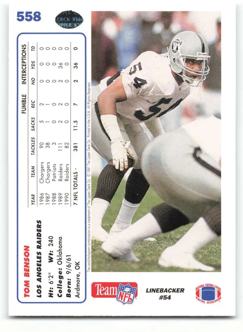 1991 Upper Deck #558 Thomas Benson NM-MT Los Angeles Raiders Football Card - Football Card Single