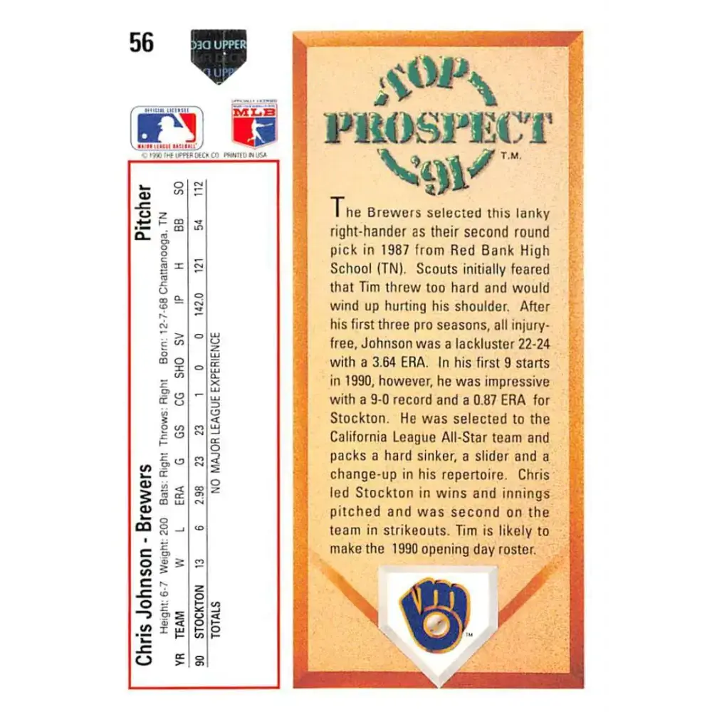 1991 Upper Deck #56 Chris Johnson EX Excellent RC Rookie Milwaukee Brewers Baseball Card - Baseball Card Single