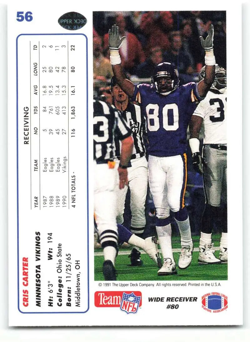 1991 Upper Deck #56 Cris Carter NM-MT Minnesota Vikings Football Card - Football Card Single