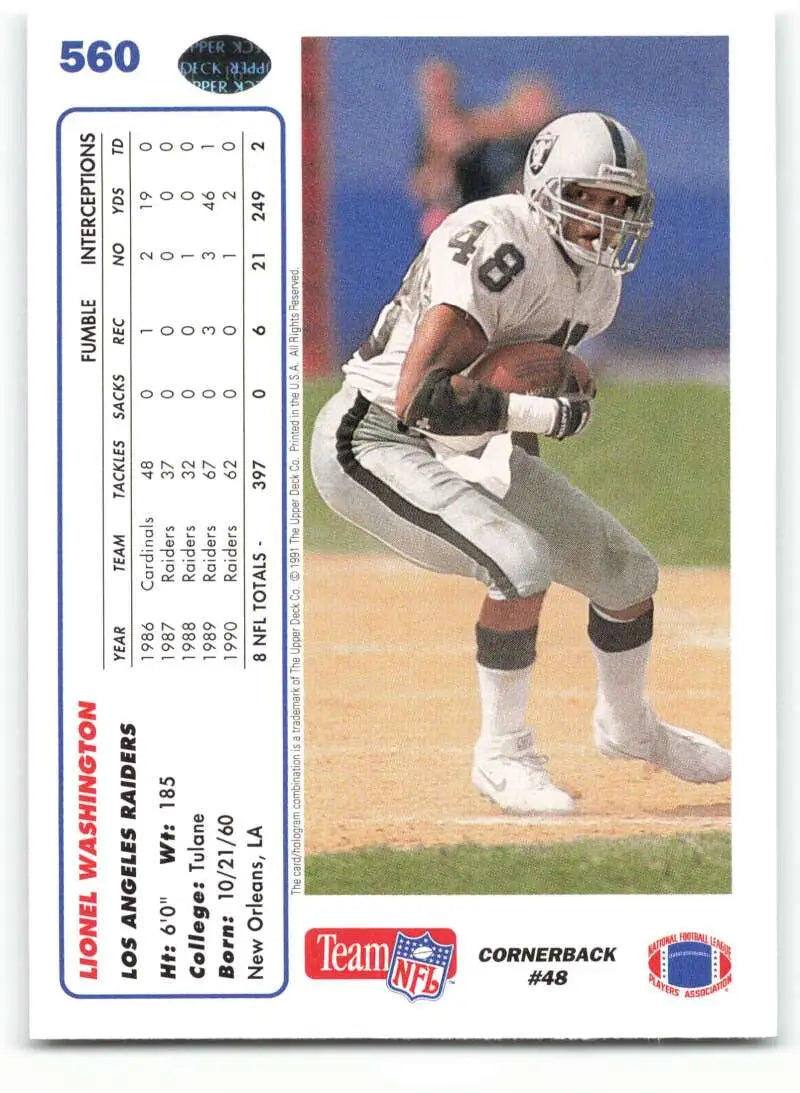 1991 Upper Deck #560 Lionel Washington NM-MT Los Angeles Raiders Football Card - Football Card Single