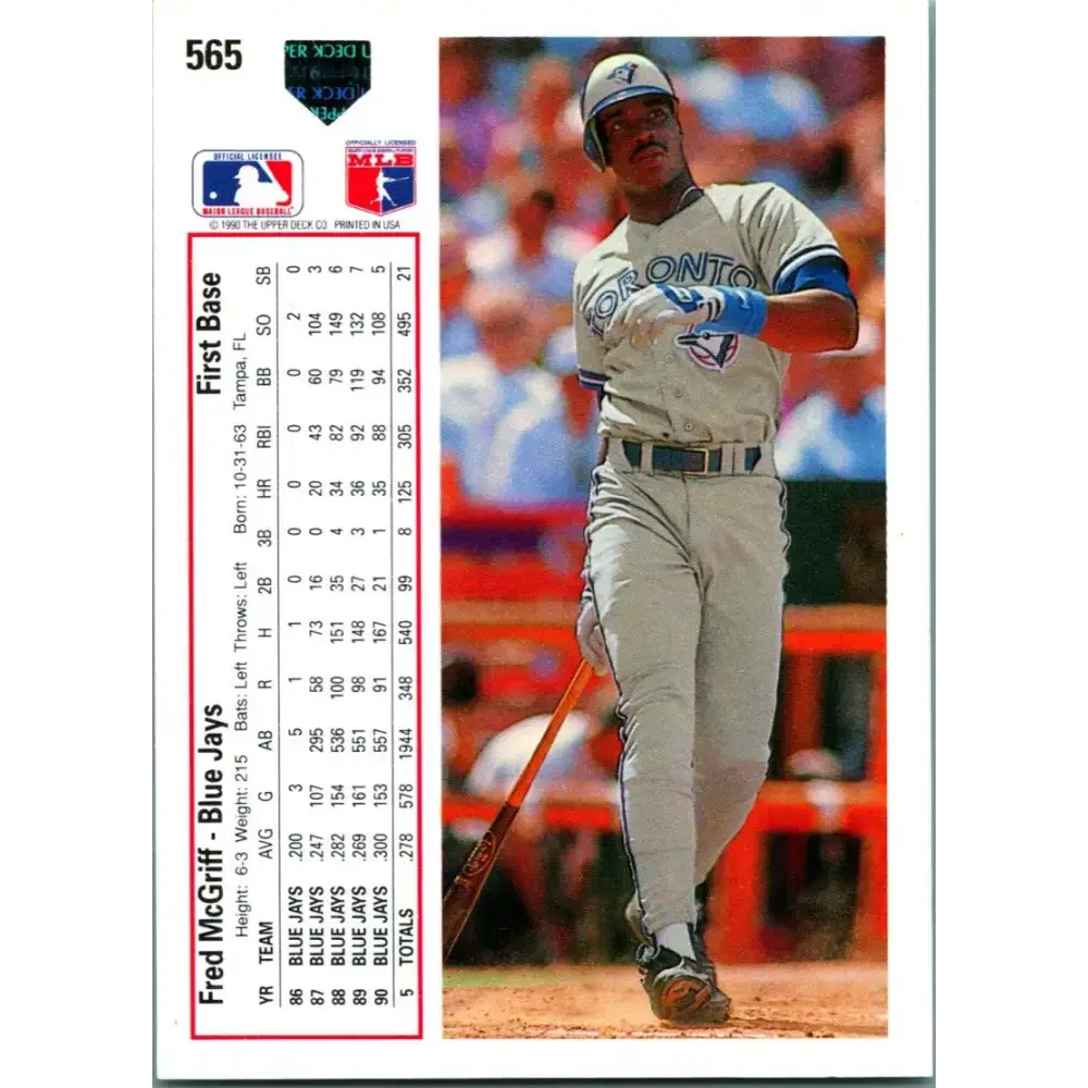 1991 Upper Deck #565 Fred McGriff EX Excellent Toronto Blue Jays Baseball Card - Baseball Card Single
