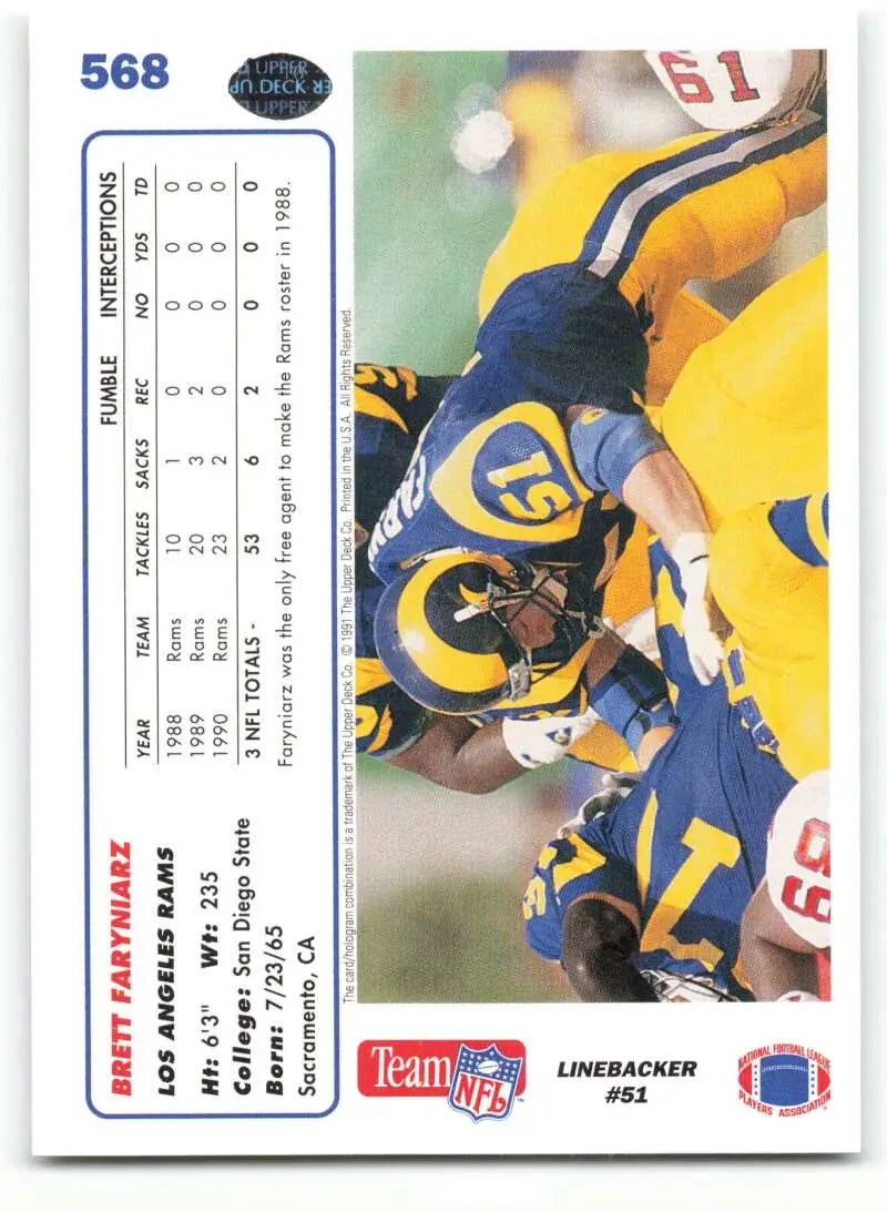 1991 Upper Deck #568 Brett Faryniarz NM-MT RC Rookie Los Angeles Rams Football Card - Football Card Single