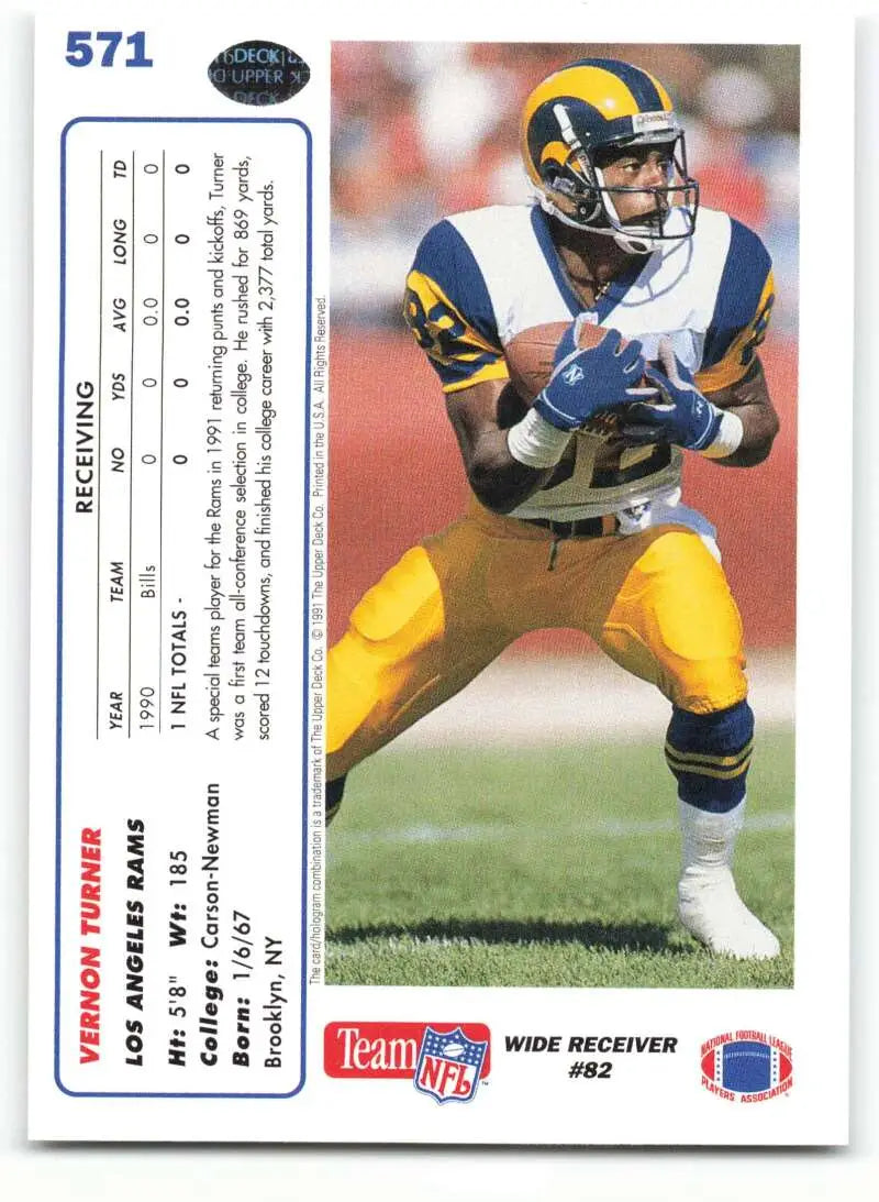 1991 Upper Deck #571 Vernon Turner NM-MT RC Rookie Los Angeles Rams Football Card - Football Card Single