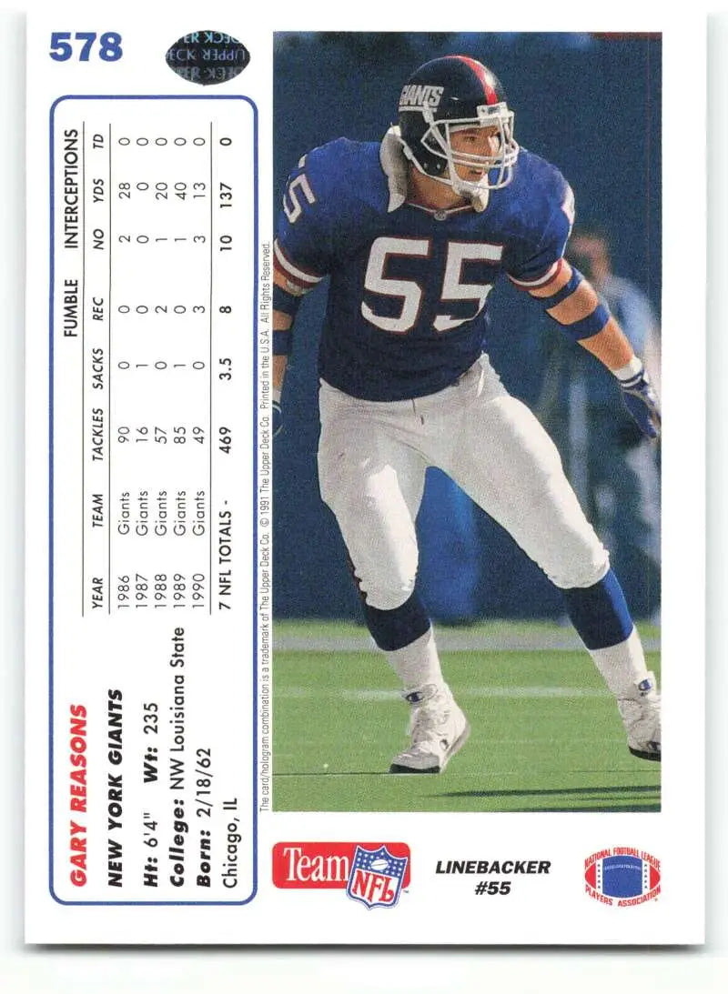 1991 Upper Deck #578 Gary Reasons NM-MT New York Giants Football Card - Football Card Single