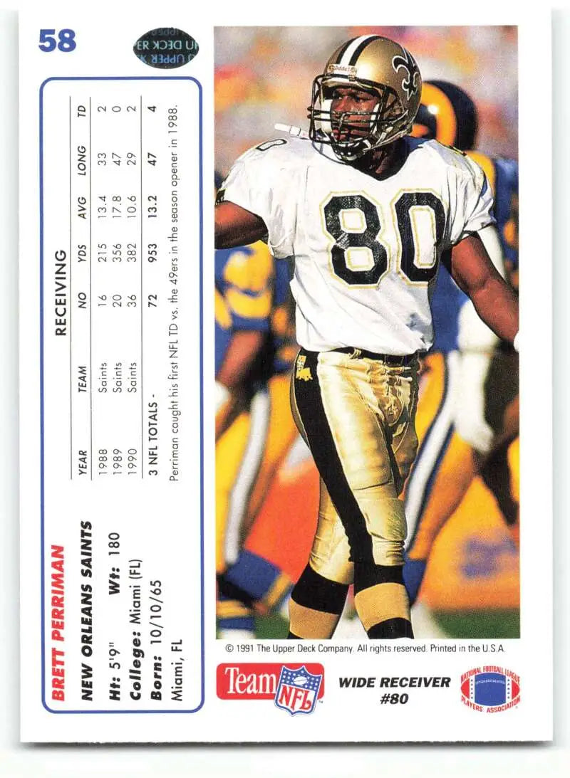1991 Upper Deck #58 Brett Perriman NM-MT New Orleans Saints Football Card - Football Card Single