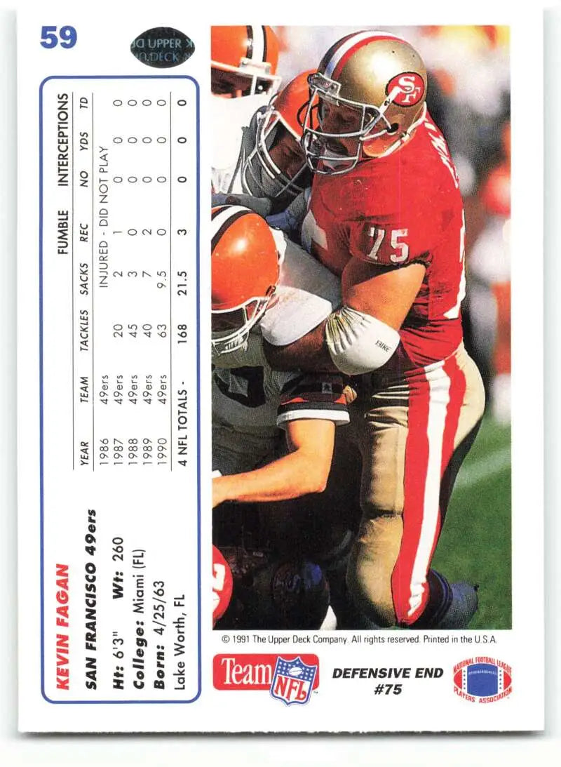 1991 Upper Deck #59 Kevin Fagan NM-MT San Francisco 49ers Football Card - Football Card Single