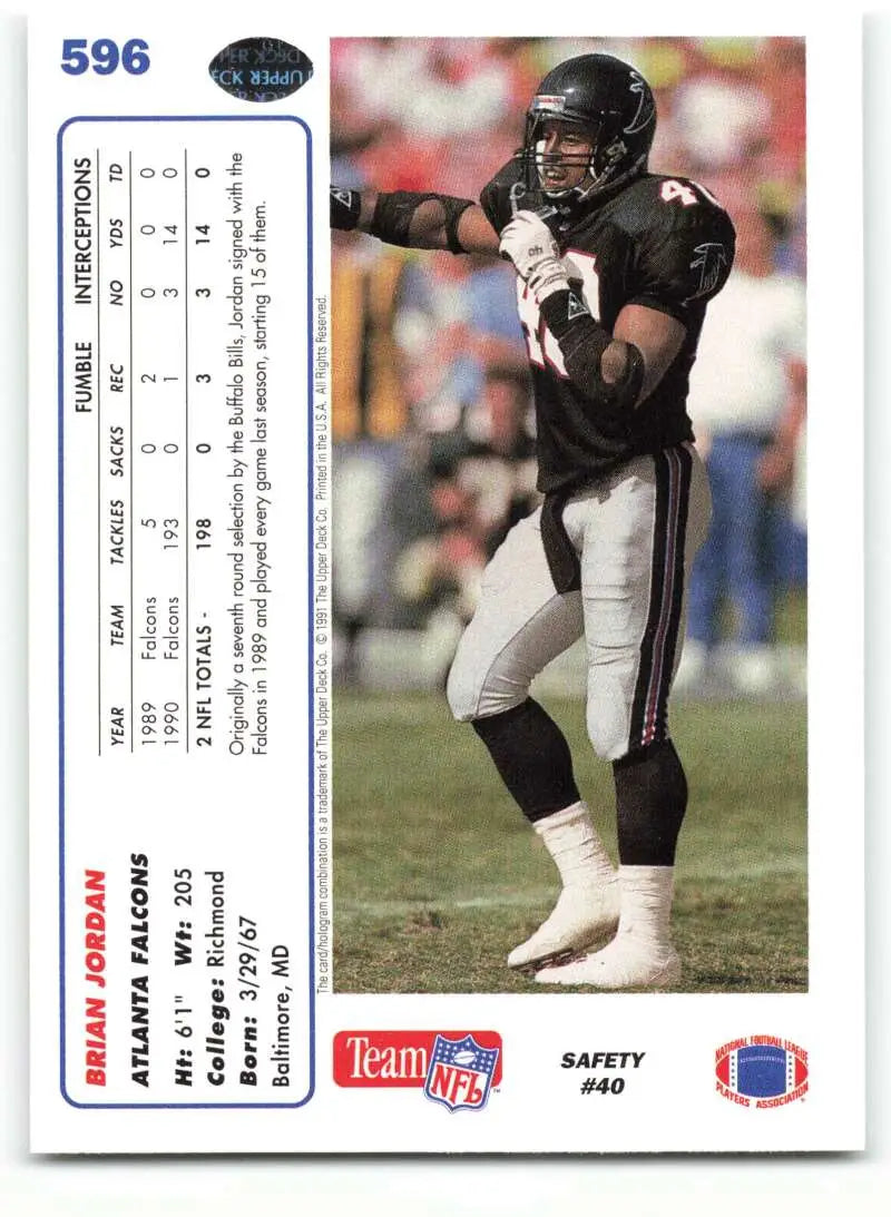 1991 Upper Deck #596 Brian Jordan NM-MT Atlanta Falcons Football Card - Football Card Single
