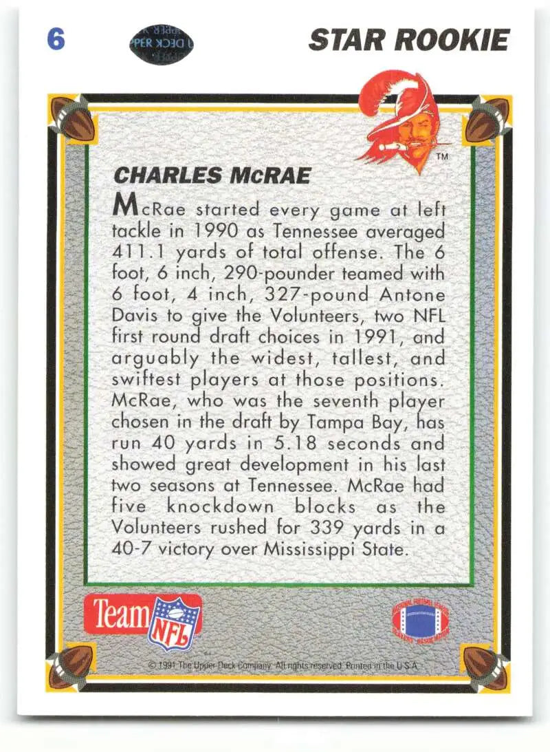 1991 Upper Deck #6 Charles McRae NM-MT RC Rookie Tampa Bay Buccaneers Football Card - Football Card Single