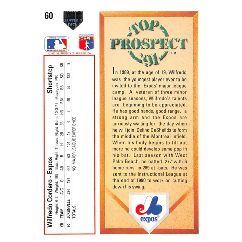 1991 Upper Deck #60 Wil Cordero EX Excellent RC Rookie Montreal Expos Baseball Card - Baseball Card Single